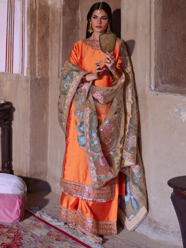 Eid Collection | 3-Piece Burnt Orange Charmuse Formal Ensemble – Aftāb | Kurta Set