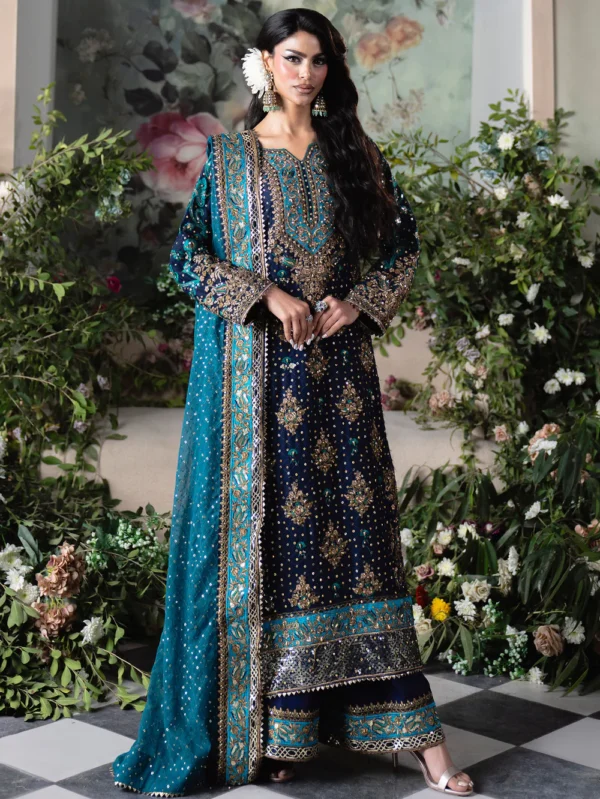 Navy Blue Chiffon Kurta Set – 3 Piece Formal Wedding Wear | Embroidered Kurta with Dupatta