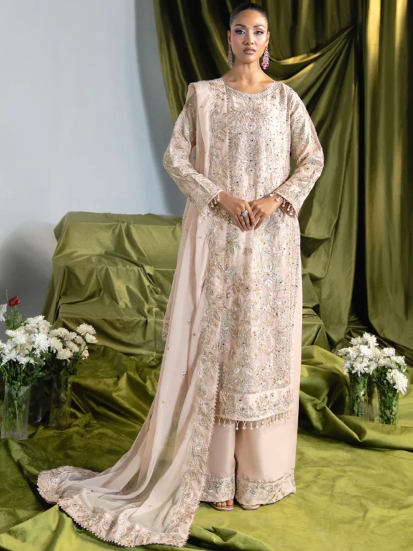 Cream Embroidered 3 Piece Wedding Guest Wear Suit with Chiffon Dupatta
